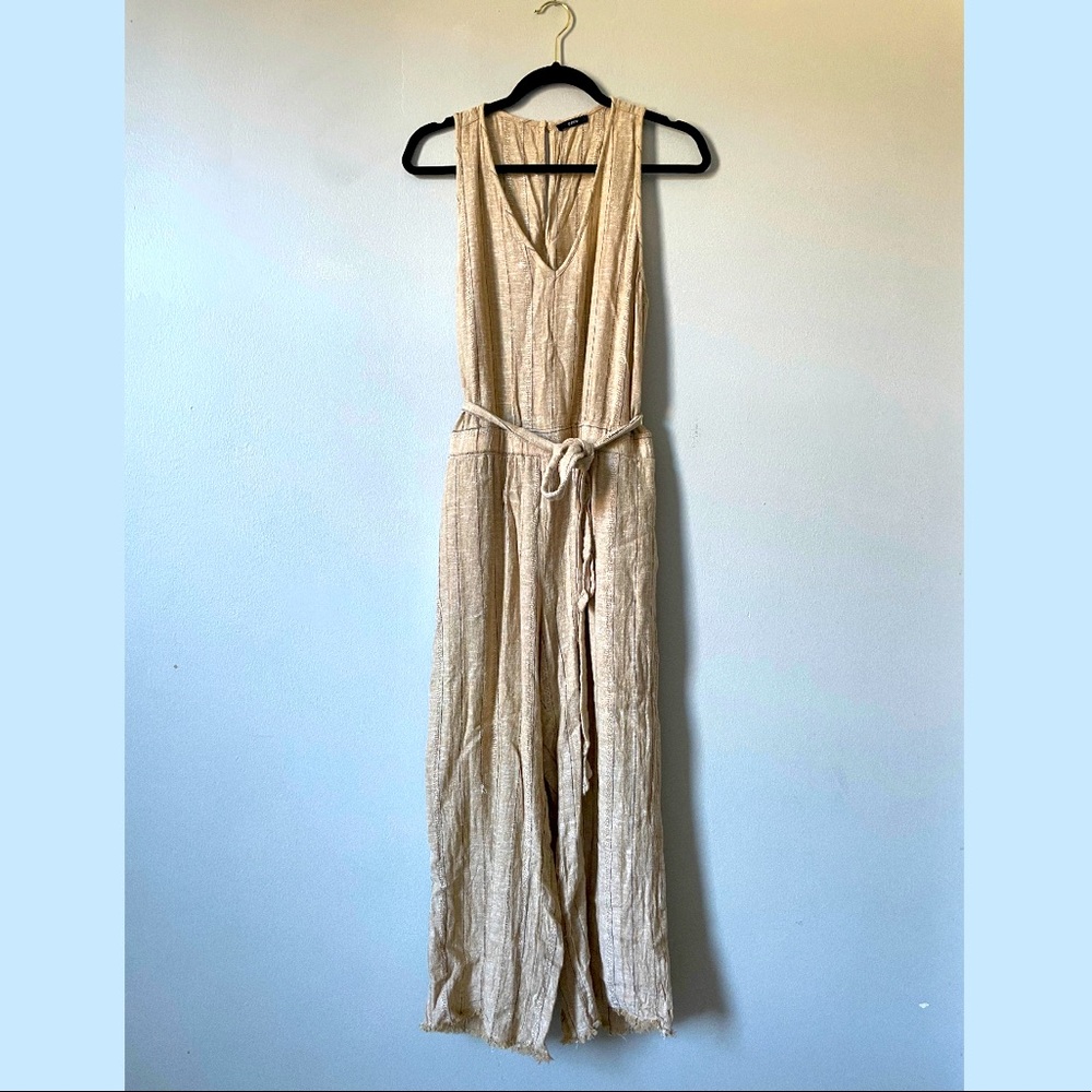 Drew by Anthropologie Striped Linen Jumpsuit Tie Waist Wide Leg Size S